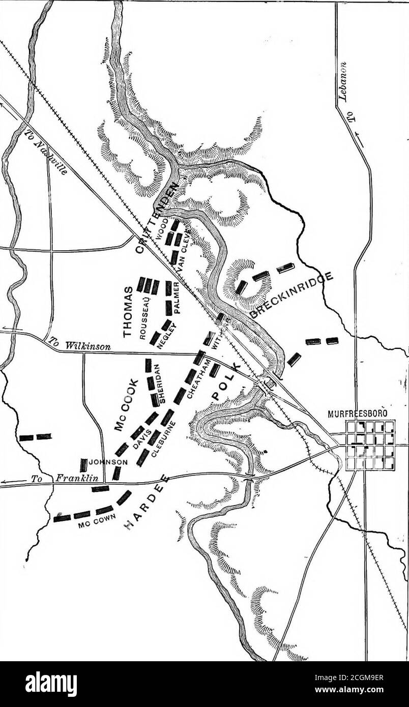 . Das Mississippi-Tal im Bürgerkrieg . g vorrückte südwestlich Richtung.auf der Ostseite Breckinridges Division wurde konsiderably nach Nordosten verweigert. Das war die konföderierte Kampflinie, eine Anordnung, die für die von Bragg geplante Arbeit absolut fehlerfrei und völlig ausreichend war. Die Unionsarmee wurde nach Westen des Flusses in einer Linie etwas Zickzack, aber zum größten Teil parallel zur Front der Gegner. Die Arrange- ^ . Ment unseres rechten Flügels unter McCook streckte Truppen an von der Franklin-Straße zum Wilkin-Stone-Fluss. i i. , Sohn Turnpike. Es bestand aus drei di-visio Stockfoto