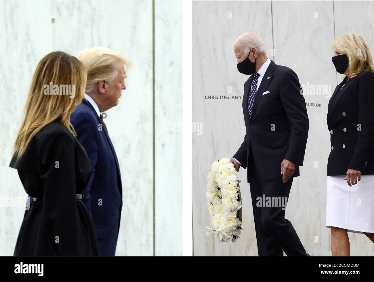 Shanksville, Usa. September 2020. Auf diesem Combo-Foto besuchen die beiden Kandidaten für den Präsidenten der Vereinigten Staaten am Freitag, den 11. September 2020, in der Nähe von Shanksville, Pennsylvania, die Wall of Names am National Memorial von Flight 93 zur 19. Beobachtung der Terroranschläge auf Amerika. Präsident Donald Trump Left ist masklos, während der ehemalige Vizepräsident Joe Biden eine Maske trägt, während er einen Kranz legt. Fast 200,000 Amerikaner sind an COVID-19 gestorben. Foto von Archie Carpenter/UPI Kredit: UPI/Alamy Live News Stockfoto