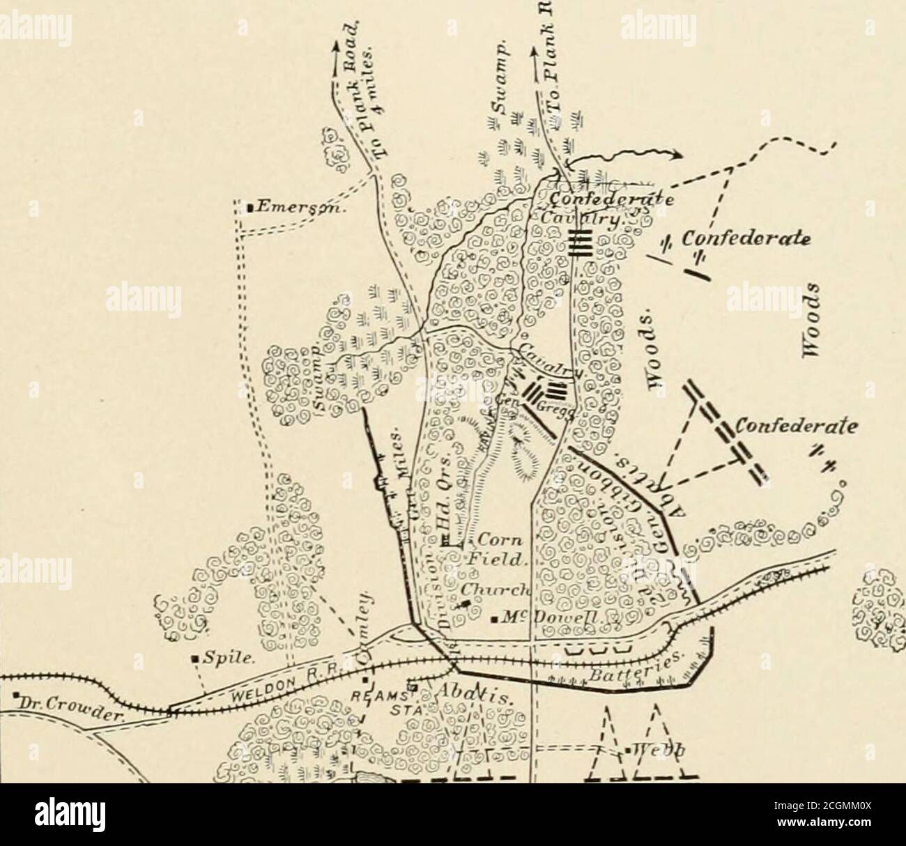 . Geschichten der verschiedenen Regimenter und Bataillone aus North Carolina, im großen Krieg 1861-'65 . ließ sie los, aber er schlug sie nicht. Seine marschlinie, nach dieser Kavallerie, brachte ihn Platz gegen theenemys hinten in der Nähe reams Station. A. P. Hill wurde dann ad-vacing auf unserer rechten Flanke und Hampton Angriff vor.General Barringer sah seinen Vorteil hier, platziert das Forty-First Regiment, um die Rückseite zu schützen und schnell angegriffen Tuckers Farm mit der Neunten dismoimted, eng unterstützt durch die neunzehnten und sechzig-Dritten. Der Feind weredriven in Bestürzung, einige Gefangene gefangen genommen Stockfoto