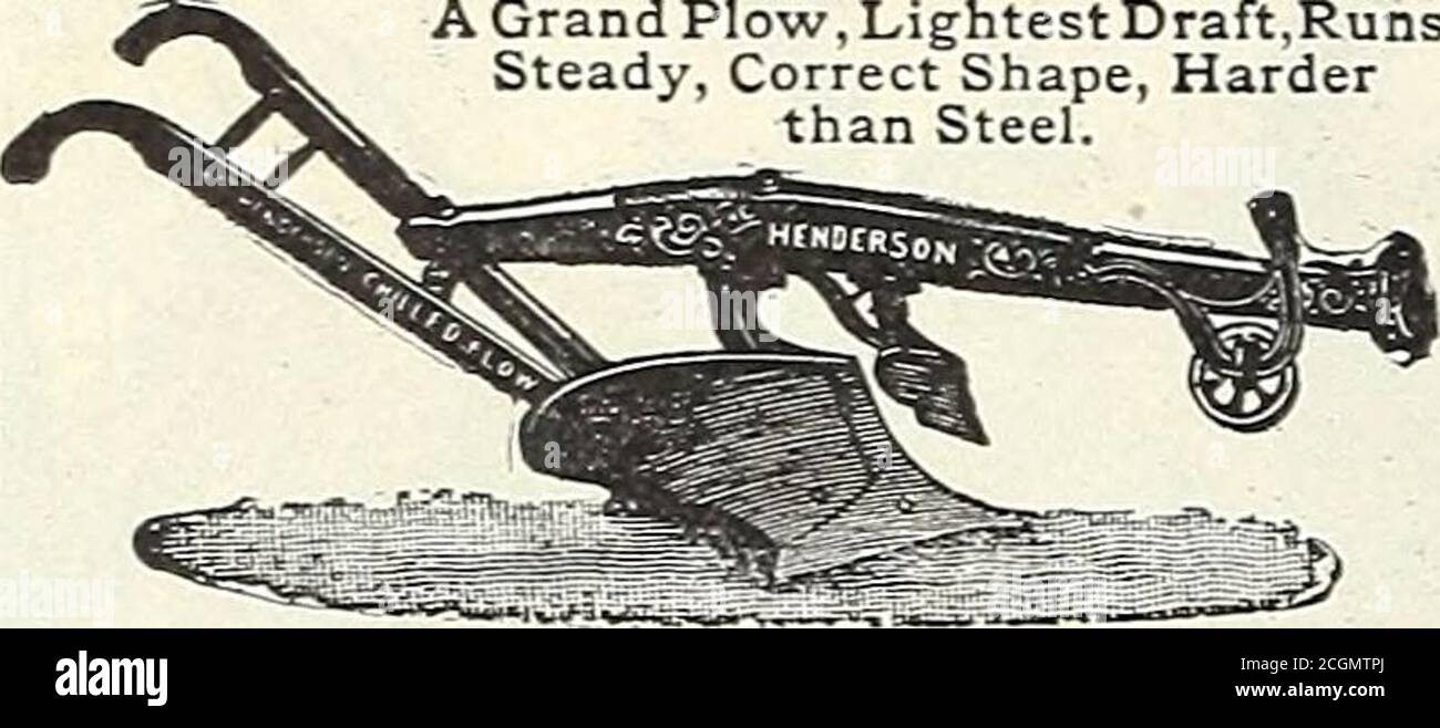 . Alles für den Garten : 1906 . Der Henderson Gekühlte Pflug. Ein großer Pflug, leichteste Tiefgang, läuft gleichmäßig, richtige Form, härter als Stahl.. Die Form ist genau richtig, um perfekte Arbeit mit größter Leichtigkeit zu Team und Pflugmann zu tun - die Form ist hart als Stahl, scours wie Glas in jedem Boden und dreht abeautiful Furche. Alle Verbesserungen, einschließlich Hangrutsche, verstellbarer Balken und Rad. Shin pieceremovable zum Schärfen; reversible selbstspitzer Anteil; für alle gewöhnlichen Böden ist eine großartige Sache.Wenn der Slip Point rund trägt, kann er in einer Minute umgedreht werden. Für felsigen oder klebrigen Boden, Stockfoto