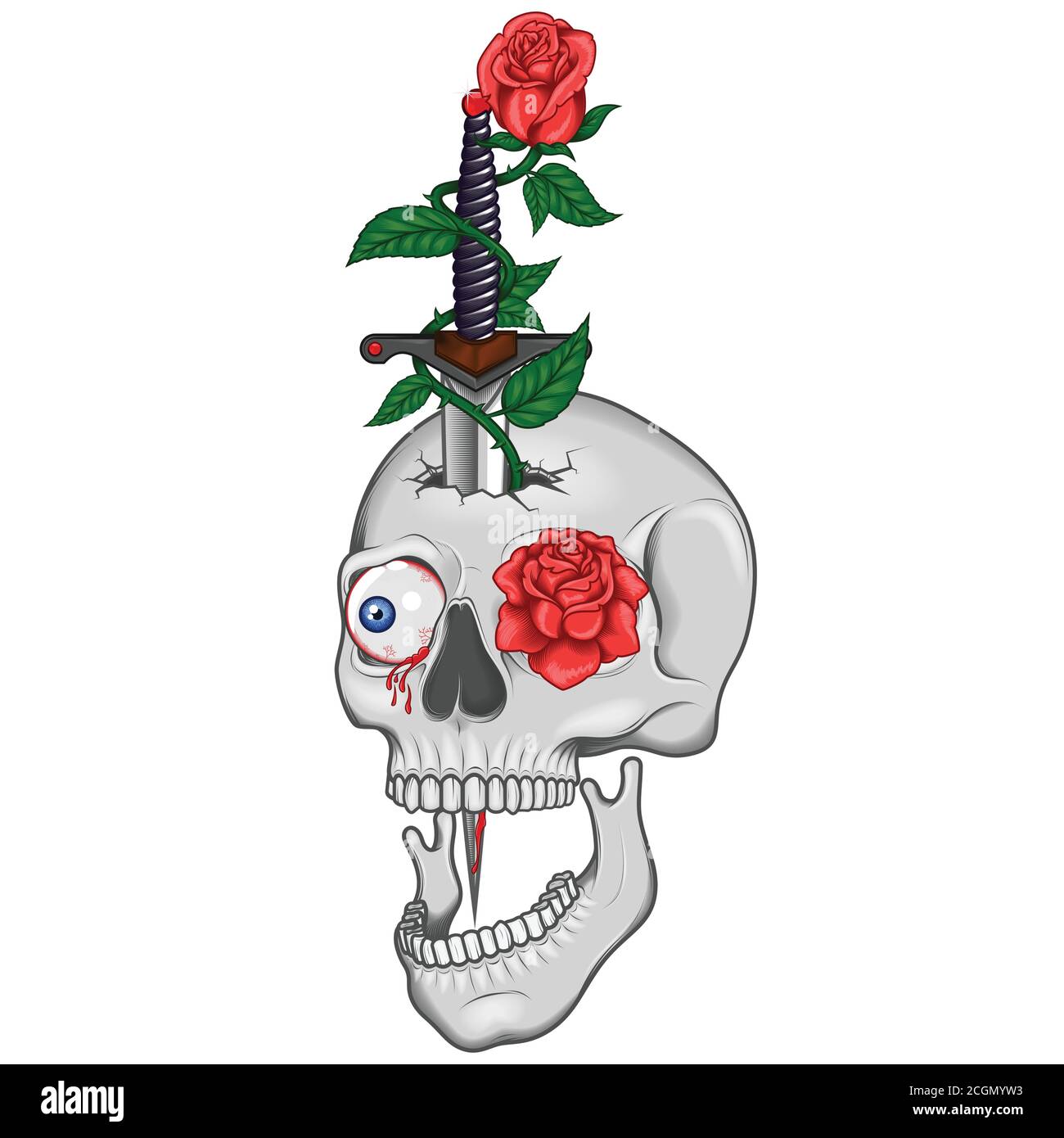 Illustration von Totenkopf Dolch und Rosen, traditionelle hochwertige Kunst mit Funkeln und Schatten, alles auf weißem Hintergrund. Stock Vektor