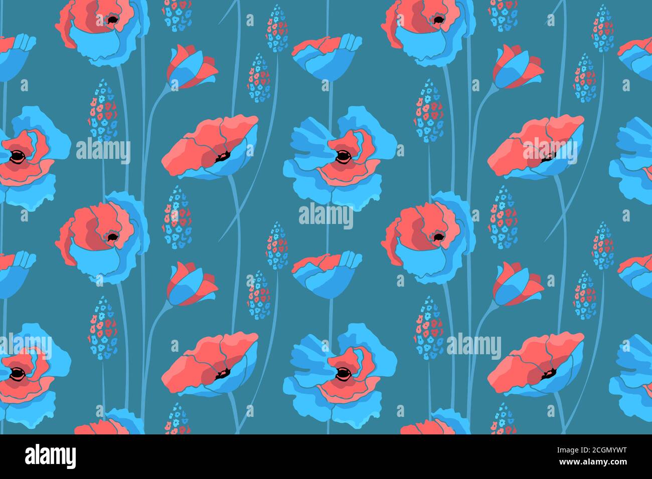 Bart floral Vektor nahtloses Muster. Blaue, korallenfarbige Blüten. Stock Vektor