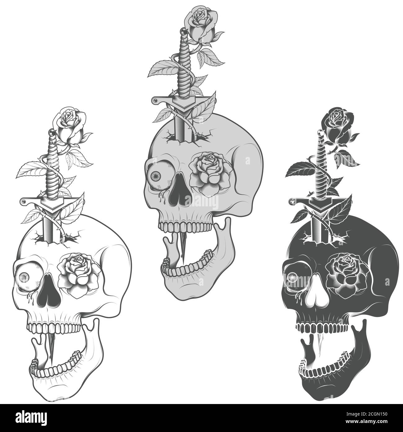 Illustration von Totenkopf Dolch und Rosen, traditionelle Kunst, Graustufen Stock Vektor