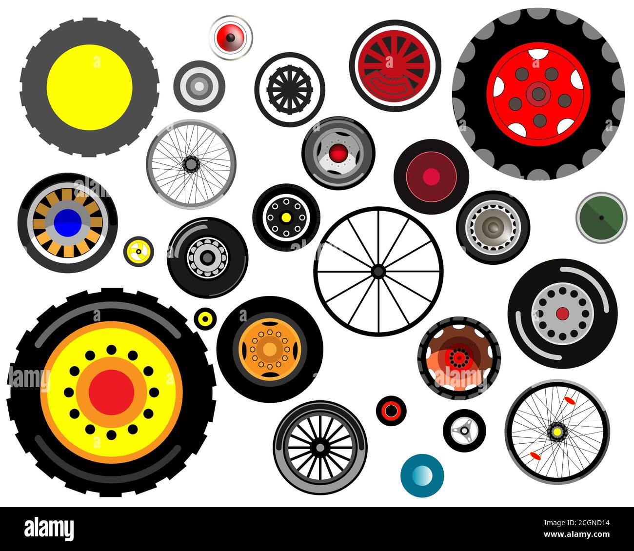 Ein Satz von Rädern aus Autos, Traktoren, Fahrräder und Kinderwagen Stock Vektor