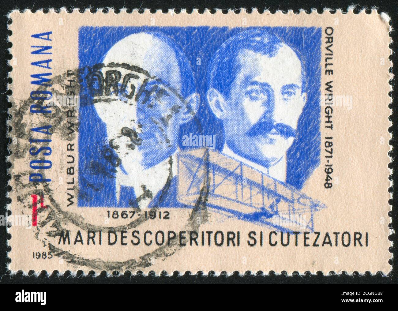 RUMÄNIEN - UM 1985: Briefmarke gedruckt von Rumänien, zeigen Orville und Wilbur Wright, Wright Flyer, um 1985. Stockfoto