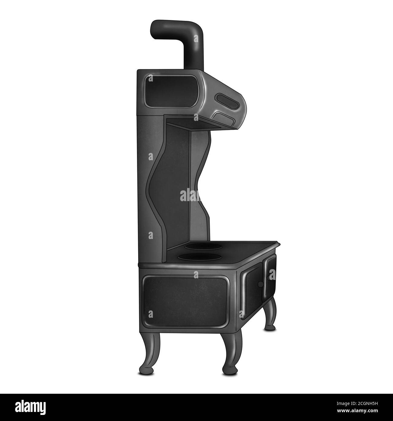 Antiker Gusseisen Herd mit Backofen. Abbildung auf weißem Hintergrund. Stockfoto