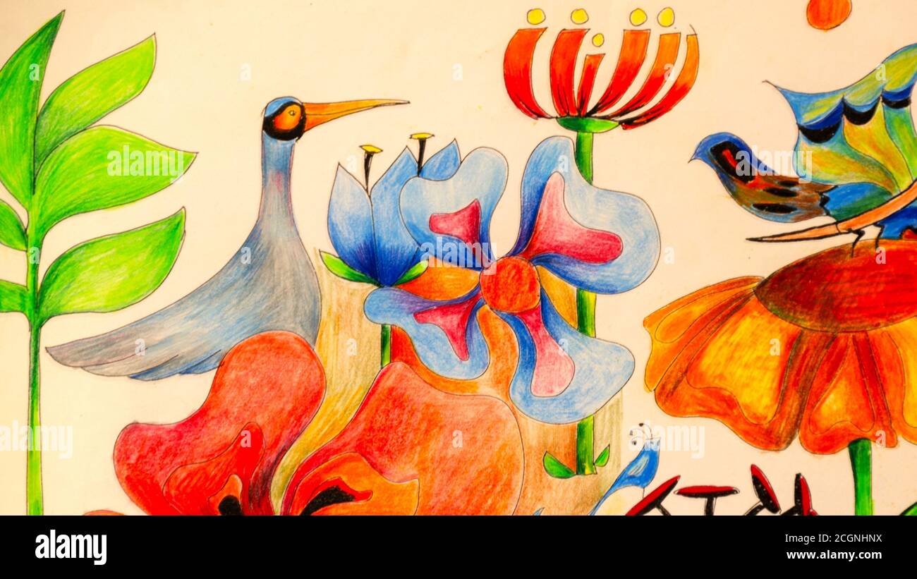 Einzigartige Zeichnung mit schönen Blumen und Vögeln Stockfoto