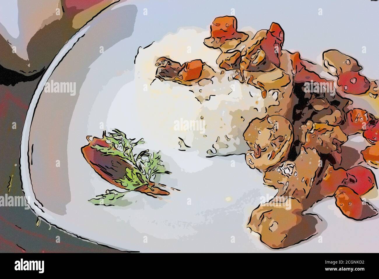 Illustration des vegetarischen Pilzragout mit Gemüse und Reis Stockfoto