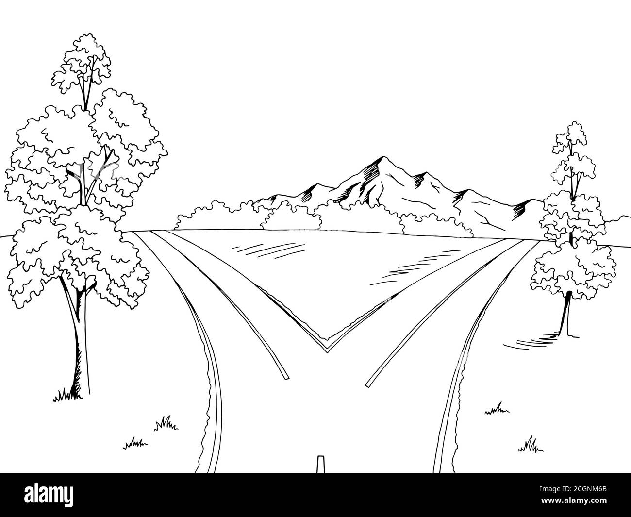 Straßengabel Grafik schwarz weiß Landschaft Skizze Illustration Vektor Stock Vektor