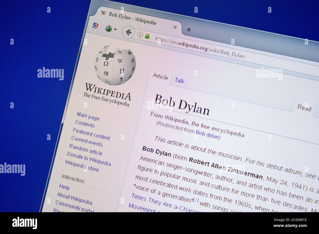 Rjasan, Russland - 09. Juli 2018: Wikipedia-Seite über Bob Dylan Stockfoto