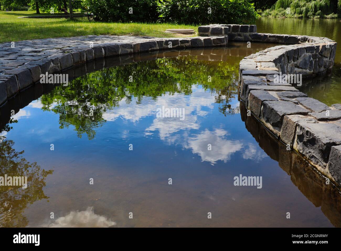 Wasserspiegelung im Teich des blauen Himmels mit Wolken und grünem Baum im tschechischen Park. Stockfoto