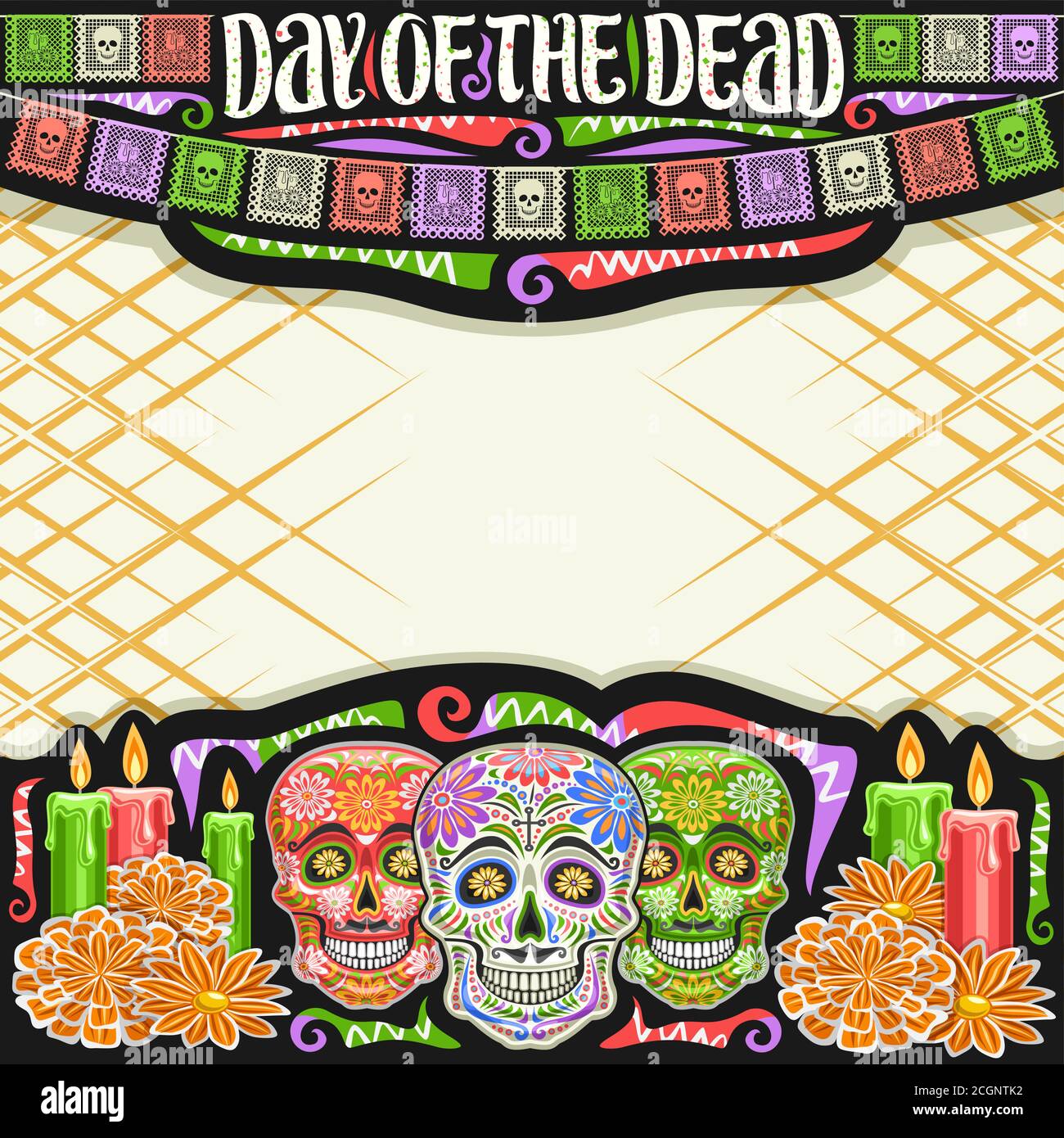 Vektor-Rahmen für Day of the Dead mit Kopierraum, schwarz dekoratives quadratisches Layout mit Darstellung von grauen gruseligen Schädeln, brennende Kerzen, bunte fl Stock Vektor