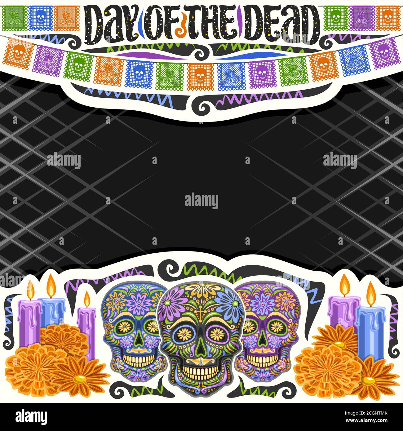 Vektorrahmen für Day of the Dead mit Copyspace, dekorativ geschnittenes Papier quadratisches Layout mit Abbildung von schwarzen gruseligen Schädel, brennende Kerzen, bunt Stock Vektor