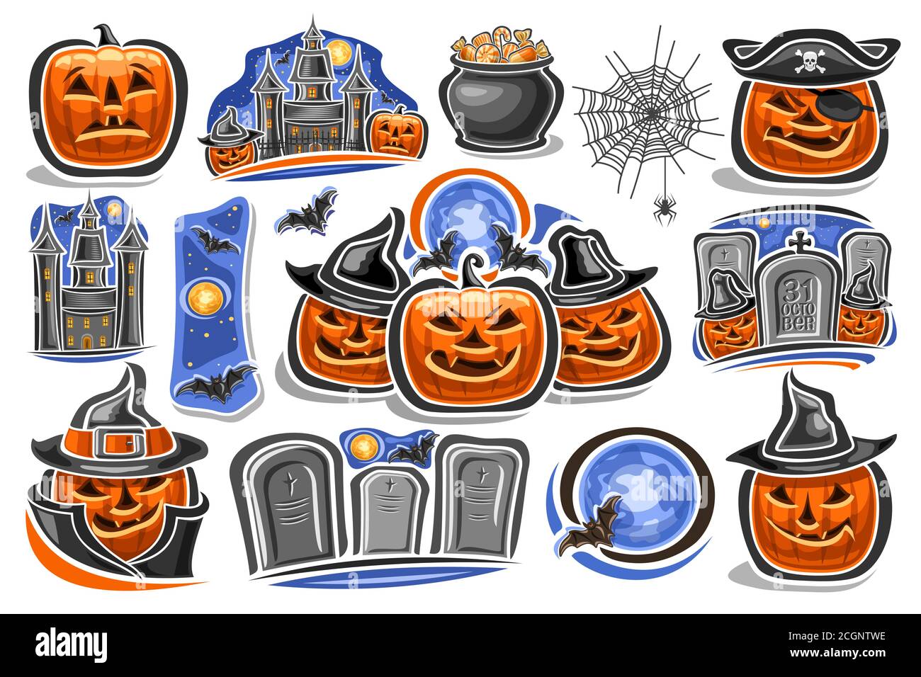 Vektor-Set für Halloween-Urlaub, 14 ausgeschnittene Illustrationen mit altem Schloss auf blauem Himmel Hintergrund und halloween Jack-o-Laternen in Hüten und Grabstein Stock Vektor