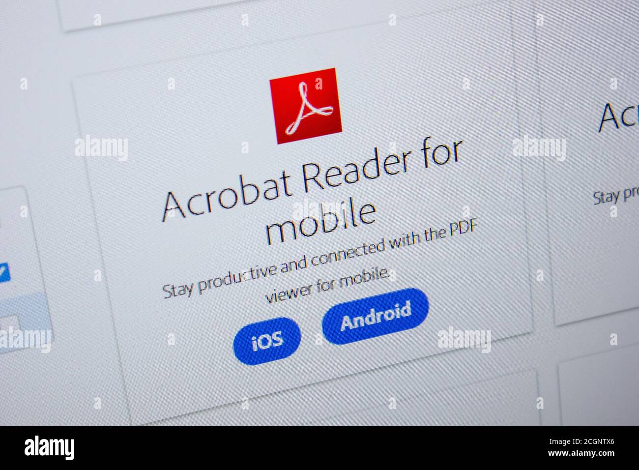 Rjasan, Russland - 11. Juli 2018: Adobe Acrobat Reader für mobile, Software-Logo auf der offiziellen Website von Adobe Stockfoto