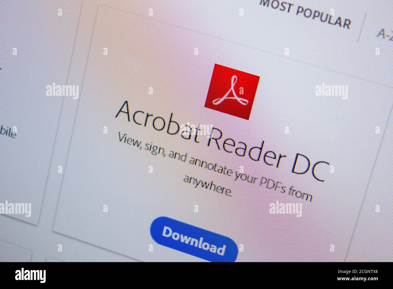 Rjasan, Russland - 11. Juli 2018: Adobe Acrobat Reader, Software-Logo auf der offiziellen Website von Adobe Stockfoto