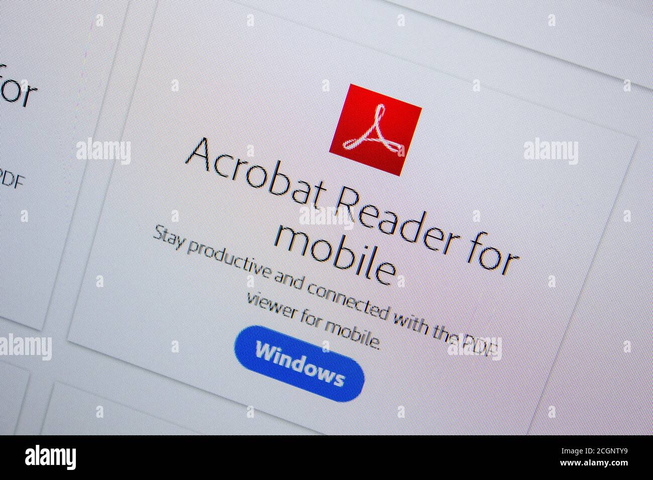 Rjasan, Russland - 11. Juli 2018: Adobe Acrobat Reader für mobile, Software-Logo auf der offiziellen Website von Adobe Stockfoto