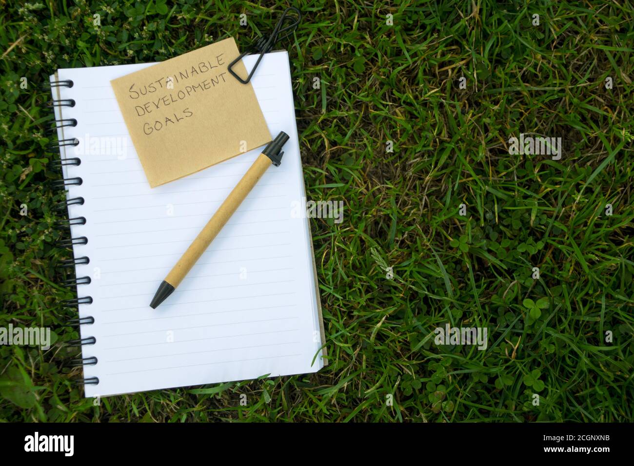 Konzept der Umsetzung der Ziele für nachhaltige Entwicklung mit einem Notizbuch, einer Notiz und einem Stift aus recycelbarem Material auf dem Rasen. Stockfoto