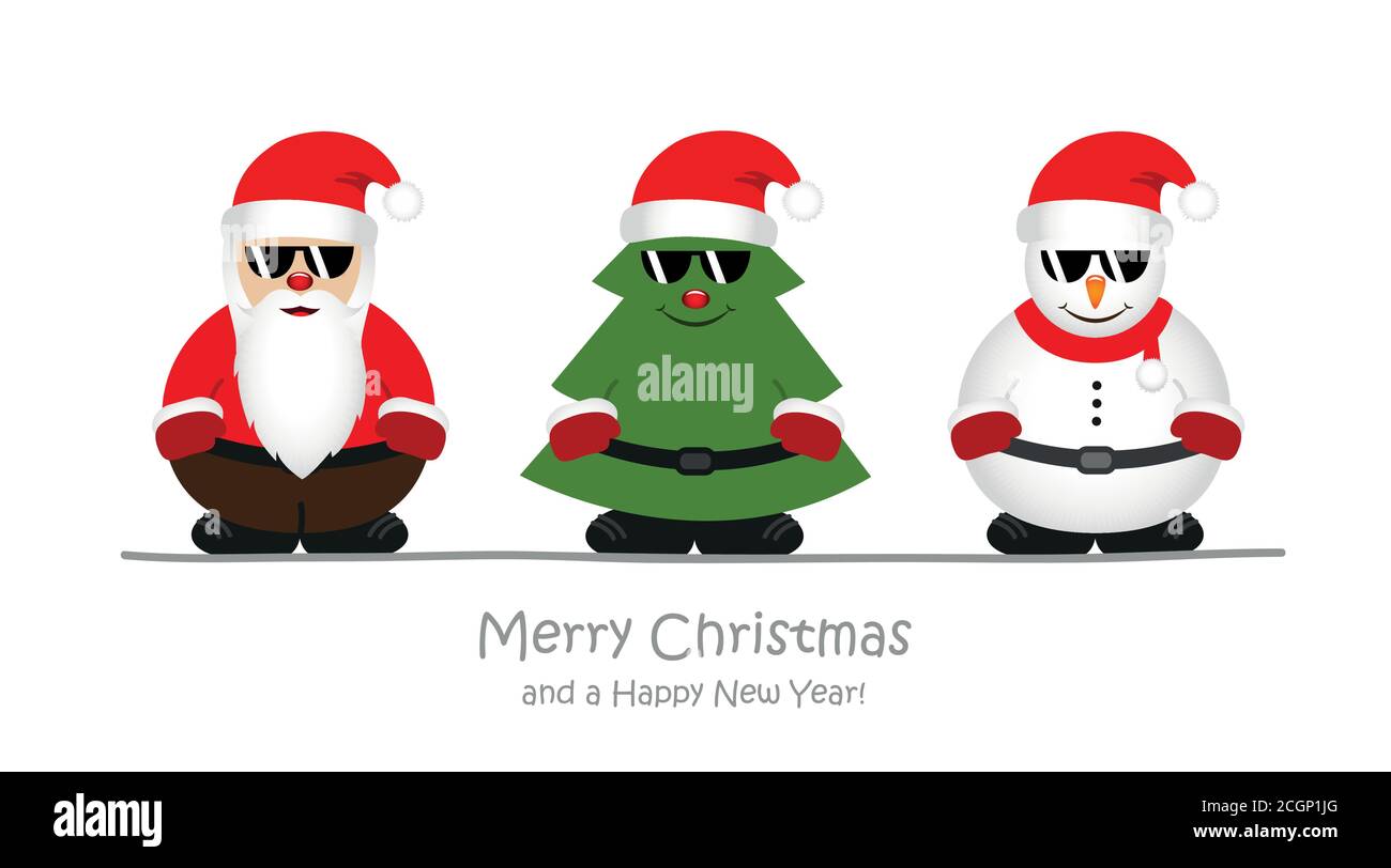 Cool santa weihnachtsbaum und Schneemann Cartoon mit Sonnenbrille Vektor Abbildung EPS10 Stock Vektor