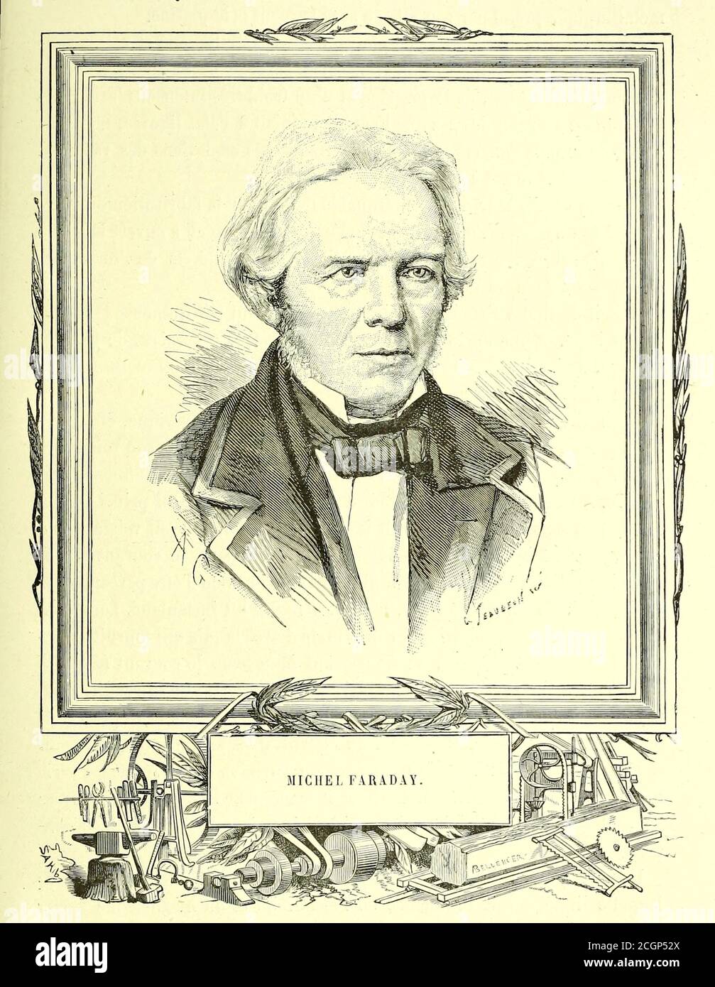 Michael Faraday FRS (22. September 1791 – 25. August 1867) war ein englischer Wissenschaftler, der an der Erforschung des Elektromagnetismus und der Elektrochemie beteiligt war. Zu seinen wichtigsten Entdeckungen gehören die Prinzipien der elektromagnetischen Induktion, des Diamagnetismus und der Elektrolyse. Aus dem Buch Les merveilles de la Science, ou Beschreibung populaire des inventions modernes [die Wunder der Wissenschaft, oder populäre Beschreibung der modernen Erfindungen] von Figuier, Louis, 1819-1894 Veröffentlicht in Paris 1867 Stockfoto