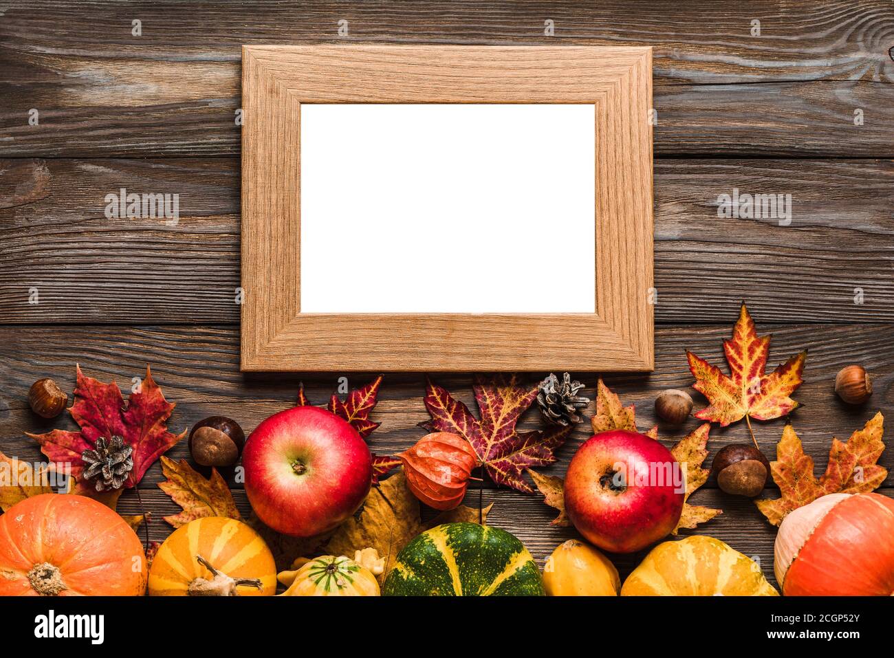 Thanksgiving, Halloween oder Herbst Hintergrund. Leerer Bilderrahmen mit Kürbissen, Äpfeln, Blättern, trockenen Blumen und Nüssen auf rustikalem Holztisch. Flache Lay, Stockfoto