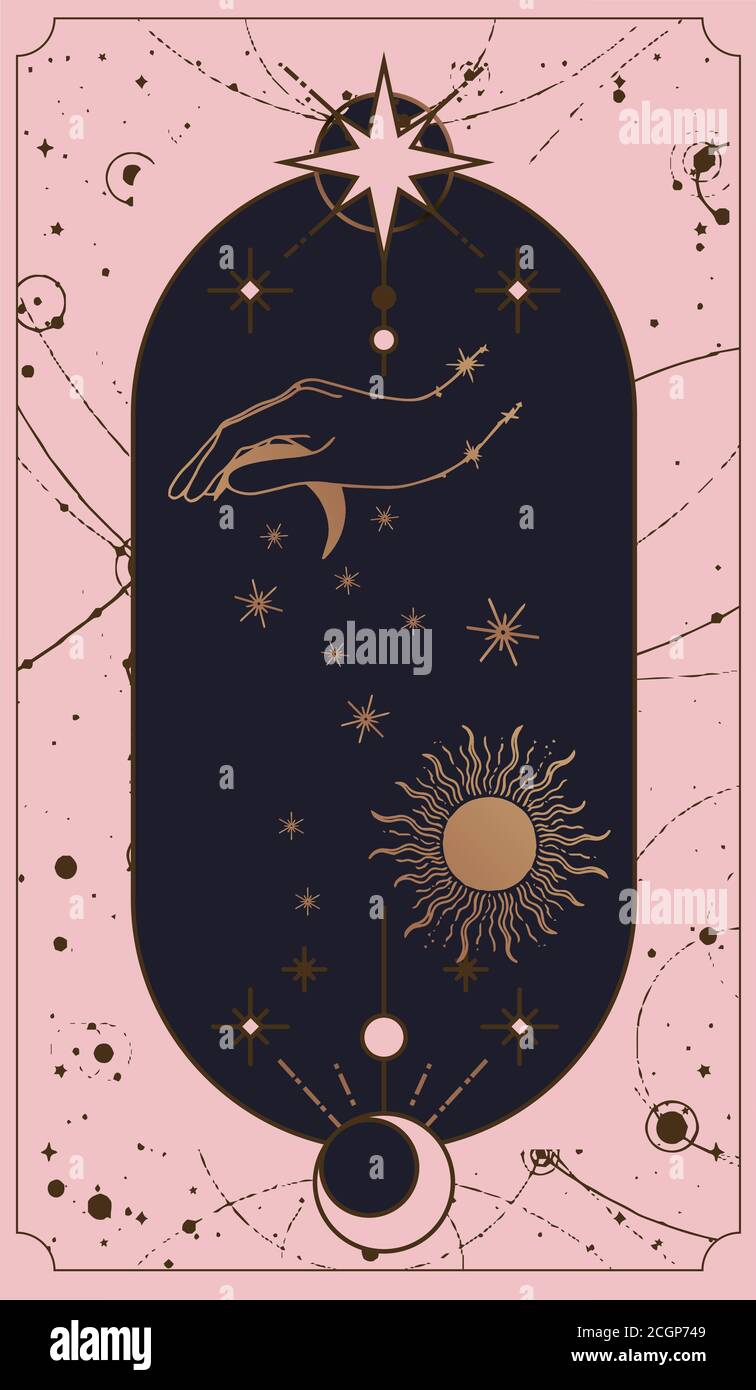 mond und Sonne Tarot-Karten, Hände in einfachen flachen Esoterik boho Stil gesetzt. Esoterik Logo mit verschiedenen Symbolen, Gold und rosa und rosa Karten, Poster o Stock Vektor