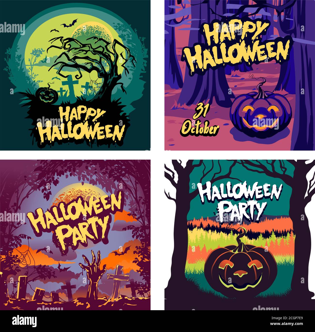 Set Halloween Grußkarte, Friedhof Kürbis Laterne, Vollmond Flyer oder Einladungsvorlage, horizontale vertikale und quadratische Flyer Banner, Social med Stock Vektor