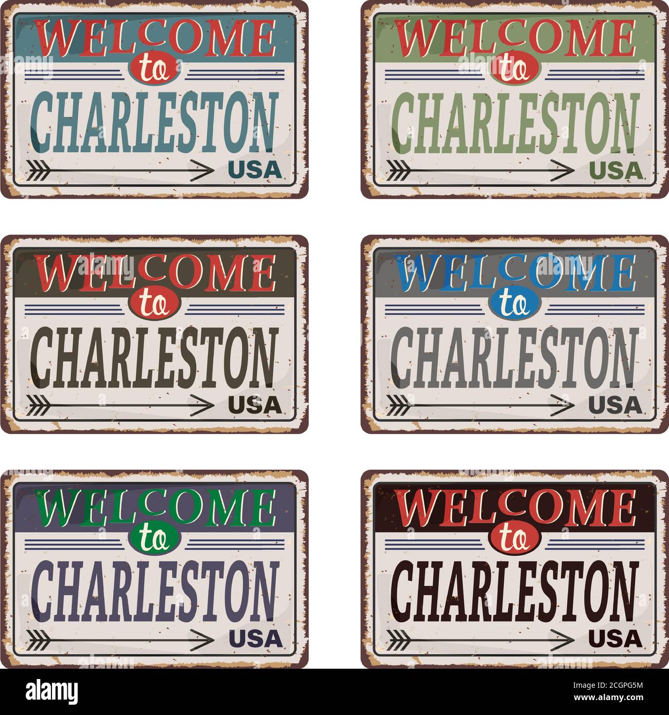 Grunge ALTER METALL-ZEICHENSATZ mit Namen von West Virginia, Charleston, Vektorgrafik Stock Vektor