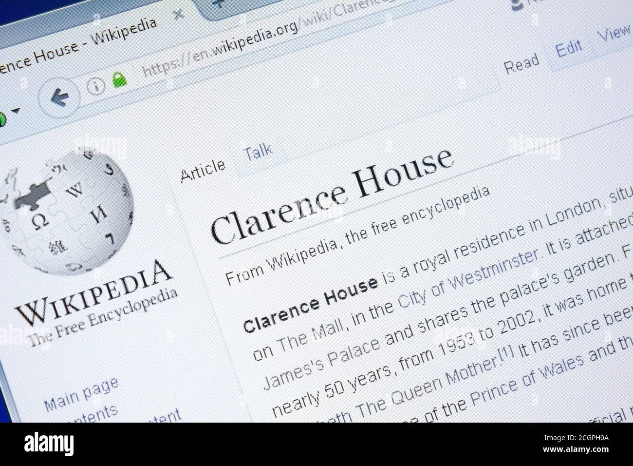 Rjasan, Russland - 28. August 2018: Wikipedia-Seite über Clarence House auf dem Display von PC Stockfoto
