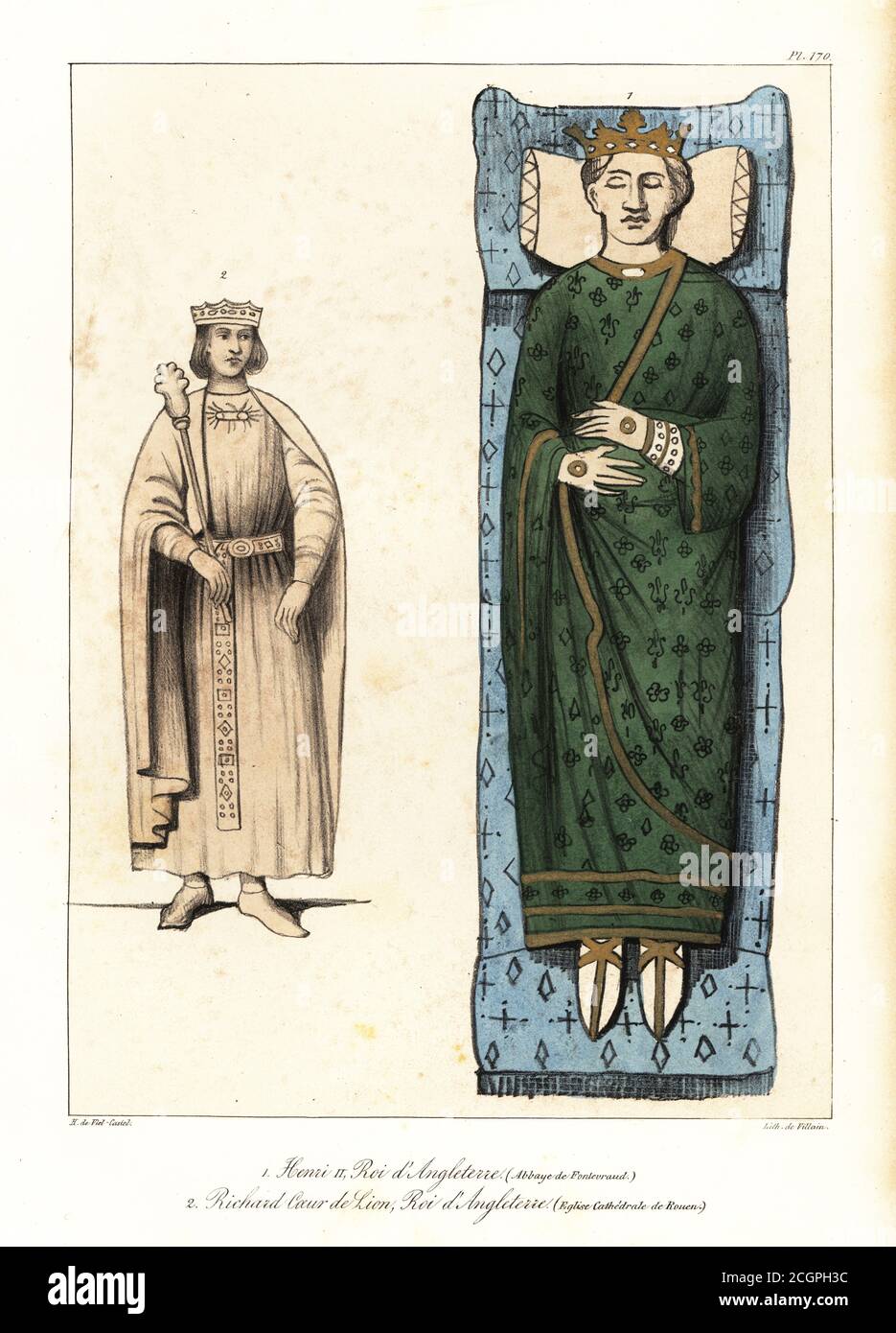 Figur von König Heinrich II. Von England (aus der Abtei Fontevraud) und Grabbild von König Richard I., dem Löwenherz, von England (aus der Kathedrale von Rouen). Henri II., roi d’Angleterre (Abbaye de Fontevraud), Richard, Coeur de Lion, ROI d’Angleterre (Eglise Cathedrale de Rouen). Handkolorierte Lithographie von Villain nach einer Illustration von Horace de viel-Castel aus seiner Collection des Costumes, Armes et meubles pour servir à l'histoire de la France (Sammlung von Kostümen, Waffen und Möbeln zur Verwendung in der Geschichte Frankreichs), Treuttel & Wurtz, Bossange, 1829. Stockfoto