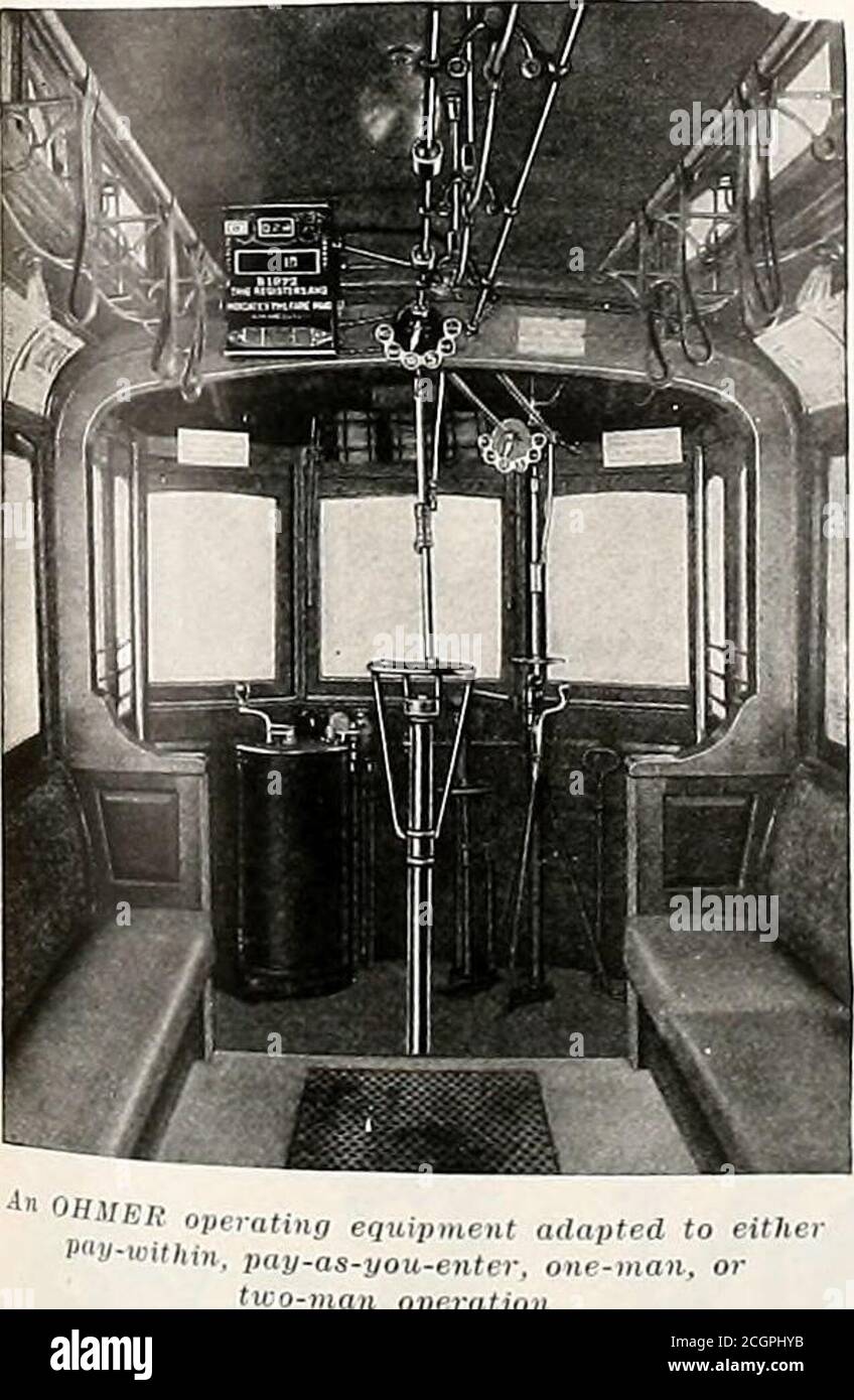 . Elektrische Eisenbahn Zeitschrift . ent angepasst an eitherOperation One-man Cars Es gibt eine passende Ohmer Ausrüstung für jede Art von Auto für jede Art von Service. Ohmer One-Manausrüstungen sind einfach und äußerst zufriedenstellend. Infact, es ist jetzt möglich, jedes Auto mit einem OhmerRegister auszustatten, so dass es jederzeit als ein-Mann-Auto verwendet werden kann, oder es kann sofort auf den regulären zwei-Mann-Betrieb geändert werden. Der Schaffner kann auch sammeln und registrieren Tarife von jedem Punkt innerhalb des Autos, wenn gewünscht.Diese Anpassungsfähigkeit der Ohmer Ausrüstung macht das Spiel Auto servicefähig auf leicht zurückgelegten Linien oder du Stockfoto