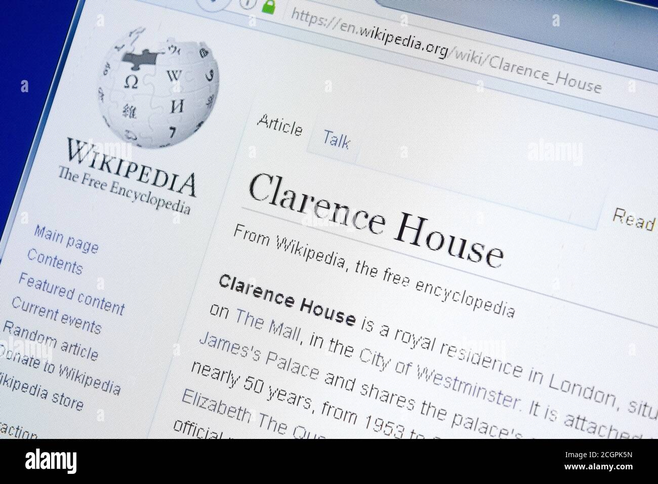 Rjasan, Russland - 28. August 2018: Wikipedia-Seite über Clarence House auf dem Display von PC Stockfoto