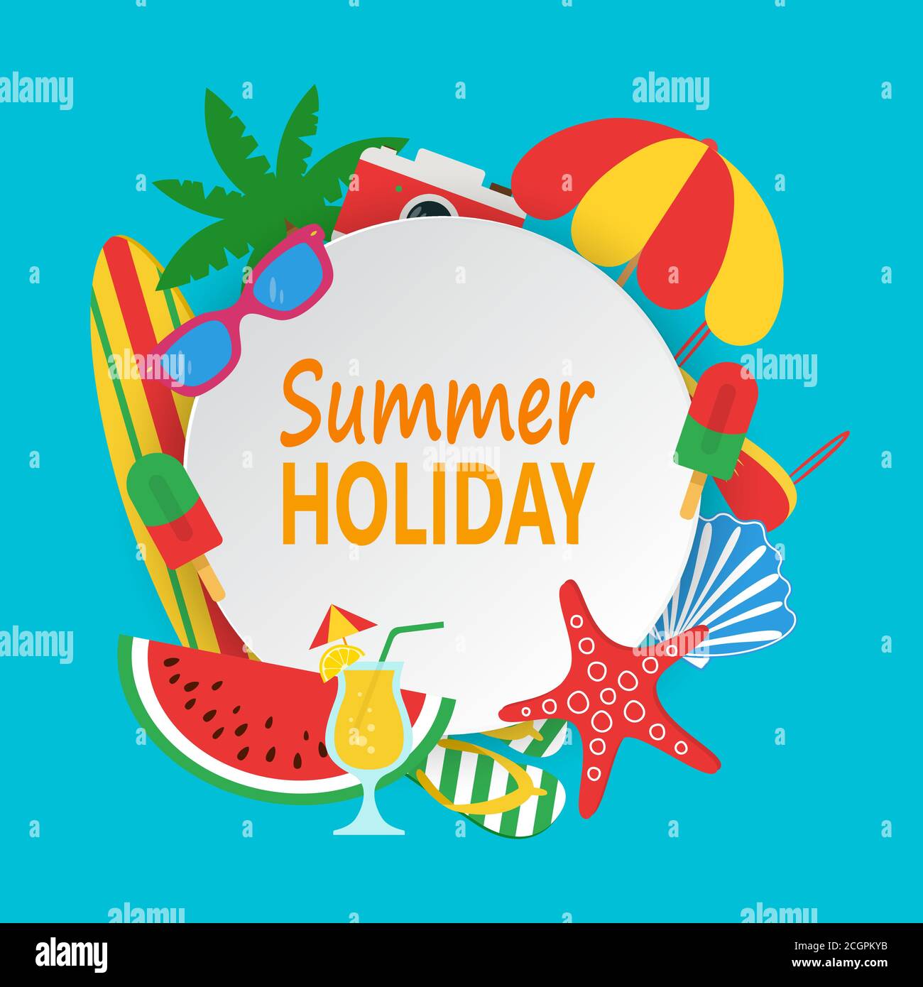 Sommerzeitkonzept mit weißem Kreis für Text und bunten Strandelementen. Sommerurlaub Design mit Palmen, Surfbrett, Wassermelone, Sonnenglas, Foto Stock Vektor