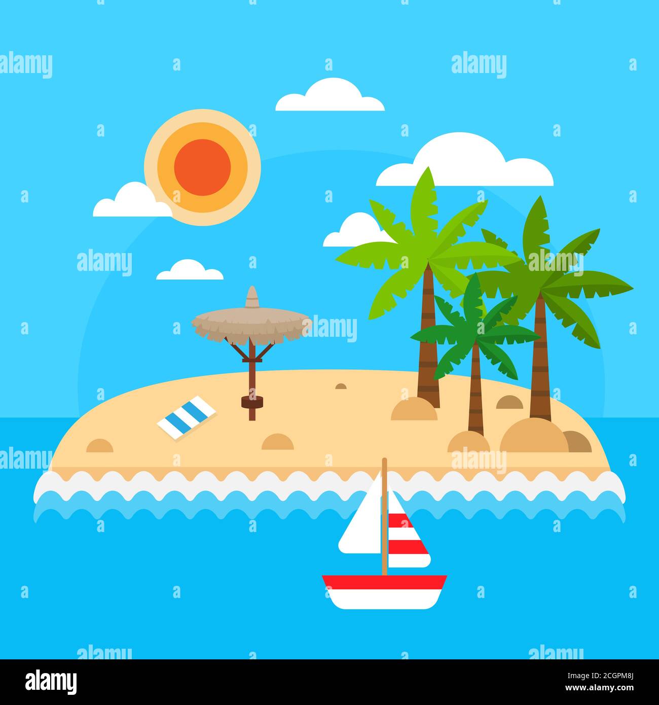 Sommerurlaub auf Meeresgrund. Tropische Insel mit Palmen, Wellen, Sonne, Strohschirmen, Handtuch, Segelschiff, Wolken. Helle Reise Sommerinsel Stock Vektor
