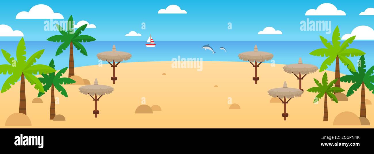 Sommer Strand Hintergrund. Vector Sommer Reise Banner mit Wellen, Palmen, Strohschirme, Segelschiff, Delfine, Wolken. Tropischer Strand Hintergrund. Meer Stock Vektor