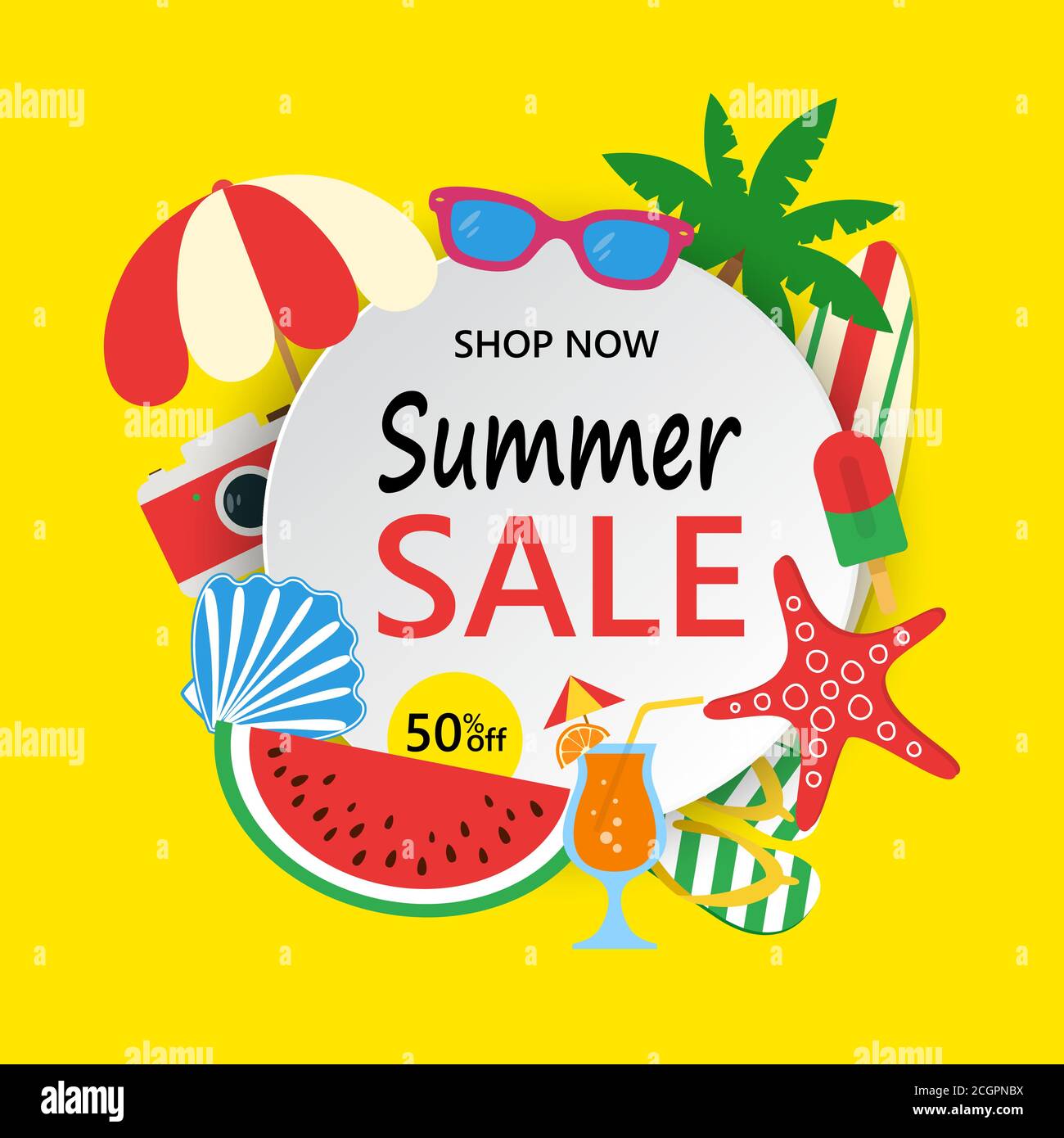 Sommer Sale Banner mit bunten Strand-Elemente. Sommer Verkauf Hintergrund mit Palmen, Surfbrett, Wassermelone, Sonnenglas, Fotokamera, Muschel, Seesterne Stock Vektor