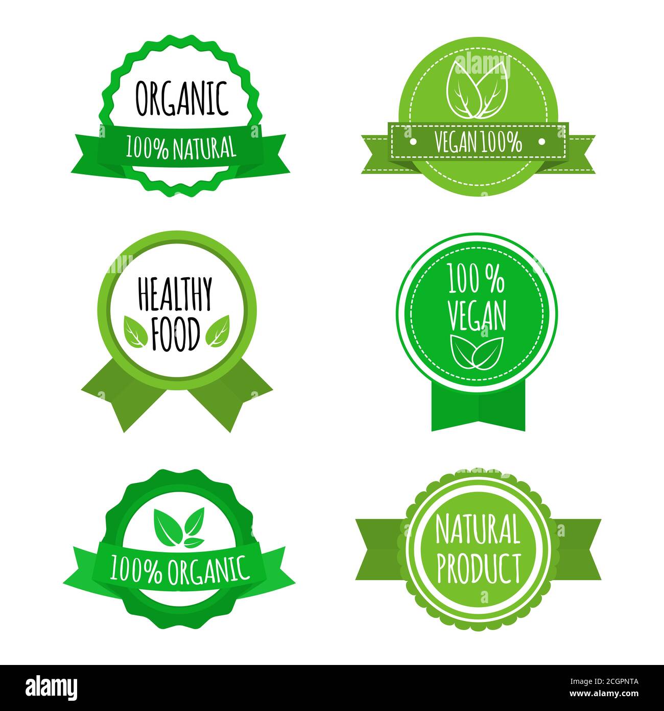Set von veganen Abzeichen, Ikonen, Etiketten. Bio, gesunde Lebensmittel Logos für Café, Restaurants, Produkte Verpackung. Vektorgrafik Stock Vektor