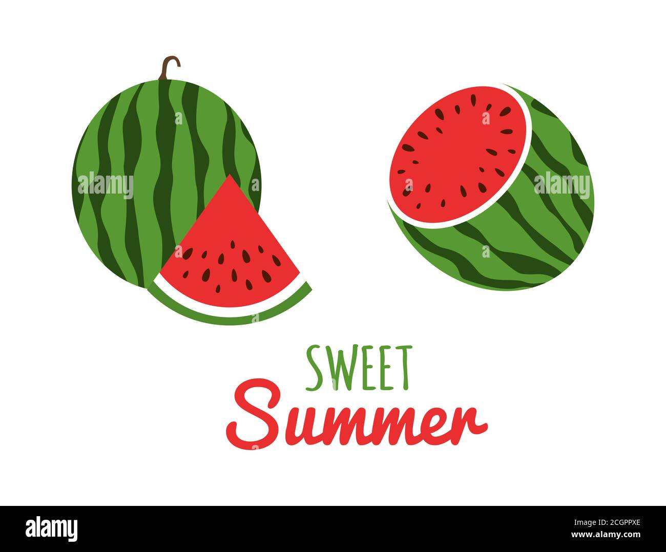Wassermelone-Ikone im flachen Stil. Saft Wassermelone Set. Rote Scheiben Wassermelonen. Süßer tropischer Sommer Hintergrund. Vektorgrafik Stock Vektor