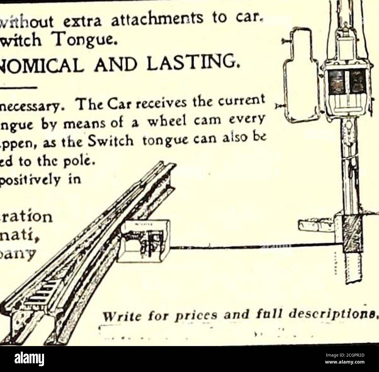 . Die Straßenbahn Zeitschrift . 100,000 REKONSTRUIERTER GRANIT Third=Rail Isolatoren JETZT IM EINSATZ REKONSTRUIERTER GRANIT CO., 14 Dey Street, NEW YORK 124 STREET RAILWAY JOURNAL. Automatischer elektrischer Trachschalter, der vom Motorman ohne zusätzliche Anbaugeräte an das Auto bedient und gesteuert wird.kann an jede Schalterzunge angepasst werden.GARANTIERT SICHER. WIRTSCHAFTLICH UND LANGLEBIG. J MJ- bei diesem Gerät ist kein isolierte Streckenabschnitt erforderlich. Das Auto erhält die curnthroueh eine Magnetspule, die ihe Switch Zunge mit Hilfe o wirft! Eine Radnocke ev&lt;Zeitkraft wird angelegt. Keine Blockierung von Autos kann passieren, wie Th Stockfoto