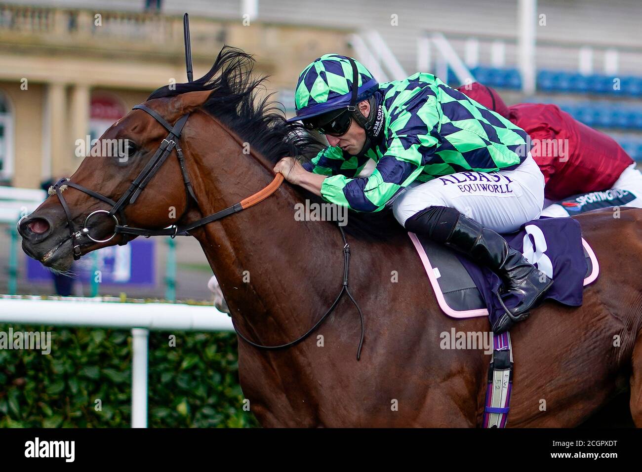 Tom Marquand, der Matthew Flinders reitet, gewinnt das Sky Sport Racing HD Virgin 535 Handicap am vierten Tag des William Hill St Leger Festivals auf der Doncaster Racecourse. Stockfoto