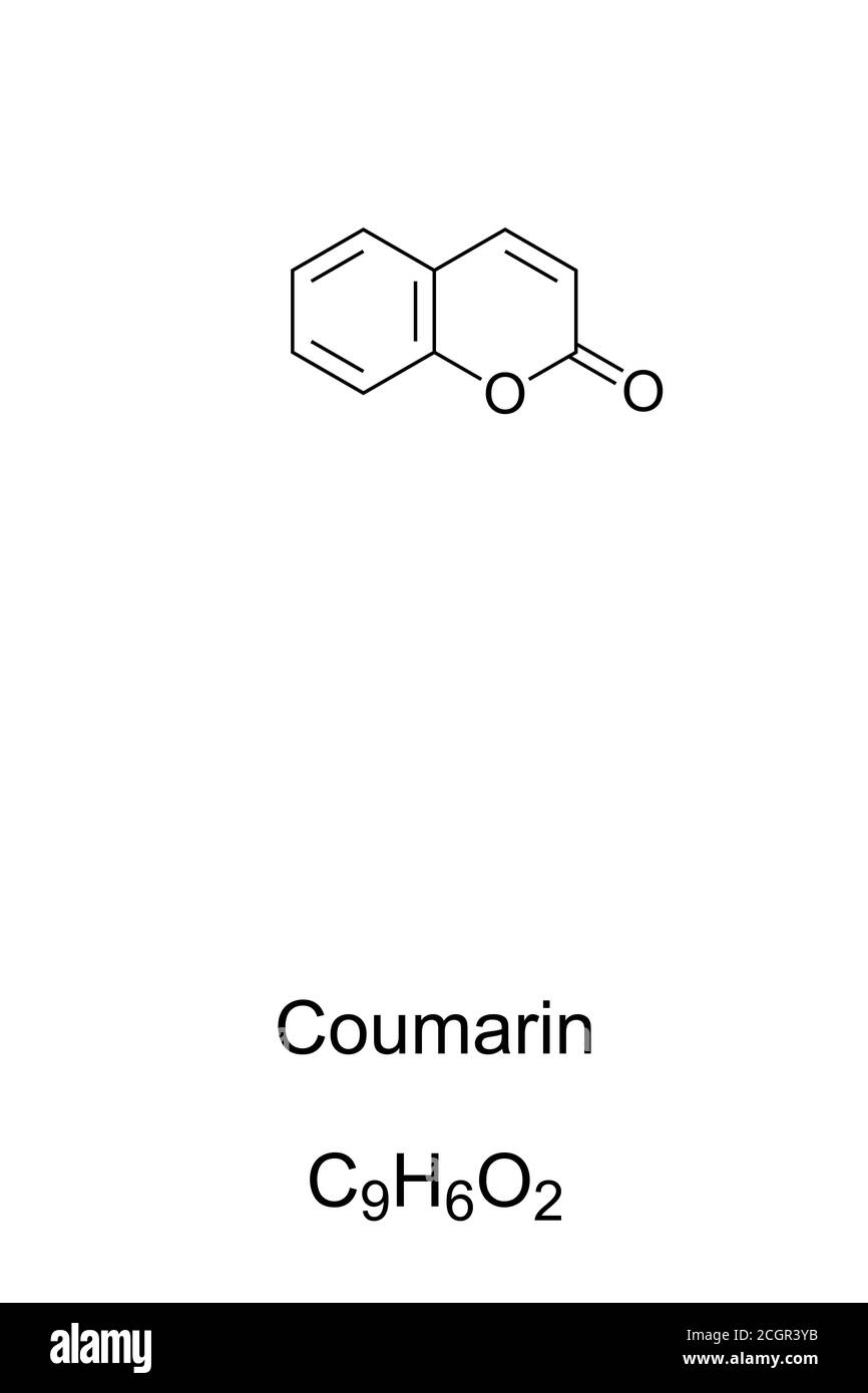 Cumarin chemische Struktur. Verbindung mit süßem Geruch, der dem Duft von Vanille ähnelt. Künstlicher Vanilleersatz und Aromastoff. Stockfoto
