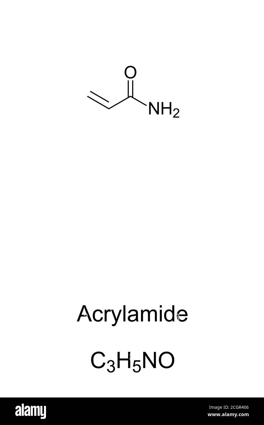 Acrylamid, Acrylamid, chemische Struktur. Hochgiftig und krebserregend. Kann in Zigarettenrauch in erhitzten Lebensmitteln gefunden werden. Stockfoto