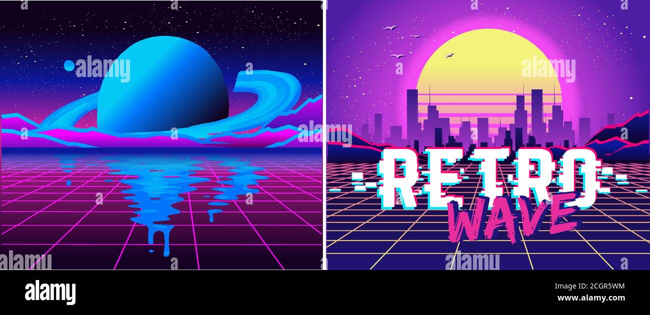 Retro Space Waves oder retro futuristischer Stil, digitale Landschaft in der Cyber-Welt. Zur Verwendung als Cover eines Musikalbums. Designvorlagen. Einladung. Stock Vektor