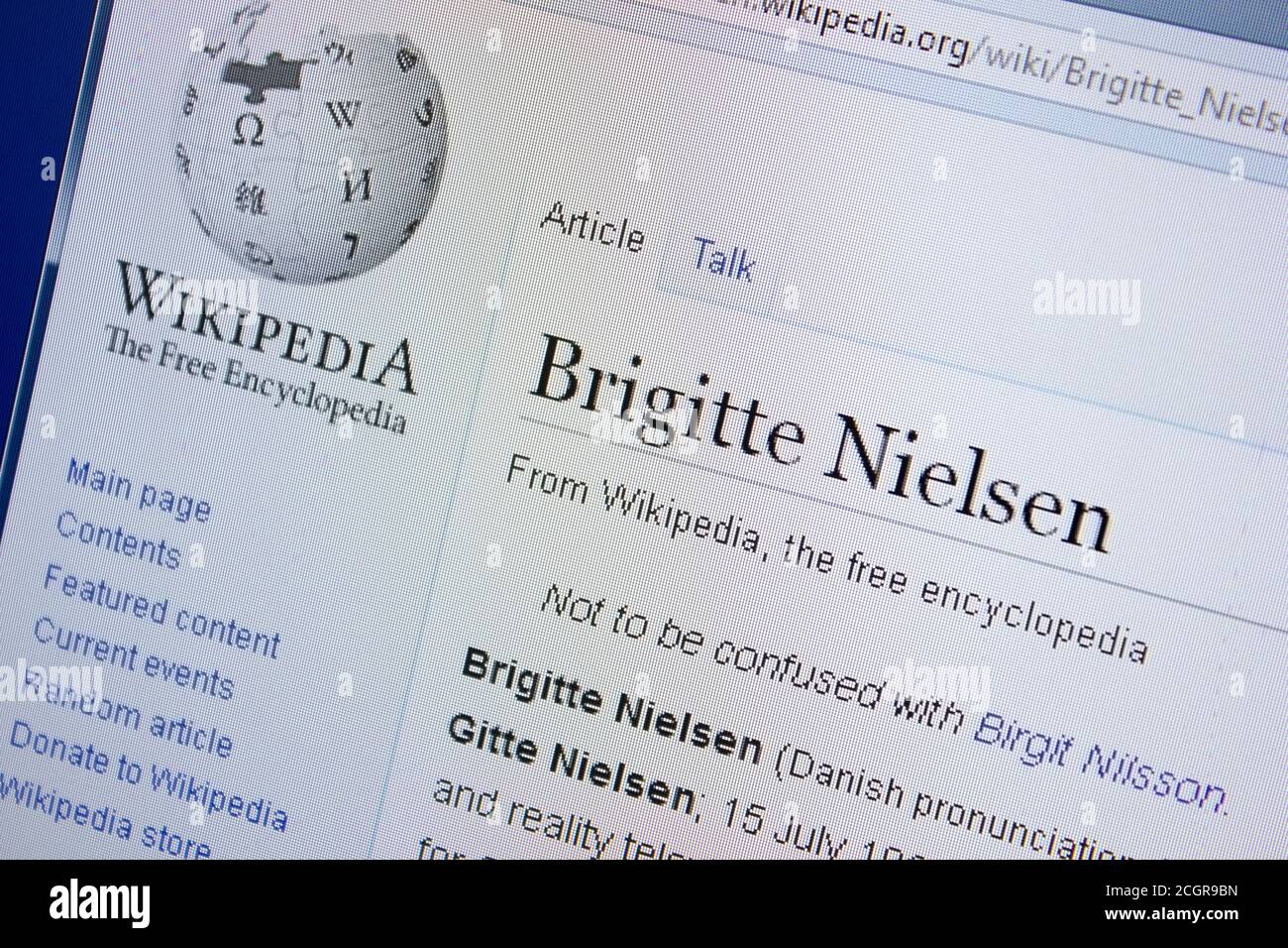 Rjasan, Russland - 09. September 2018 - Wikipedia-Seite über Brigitte Nielsen auf einem PC-Display Stockfoto
