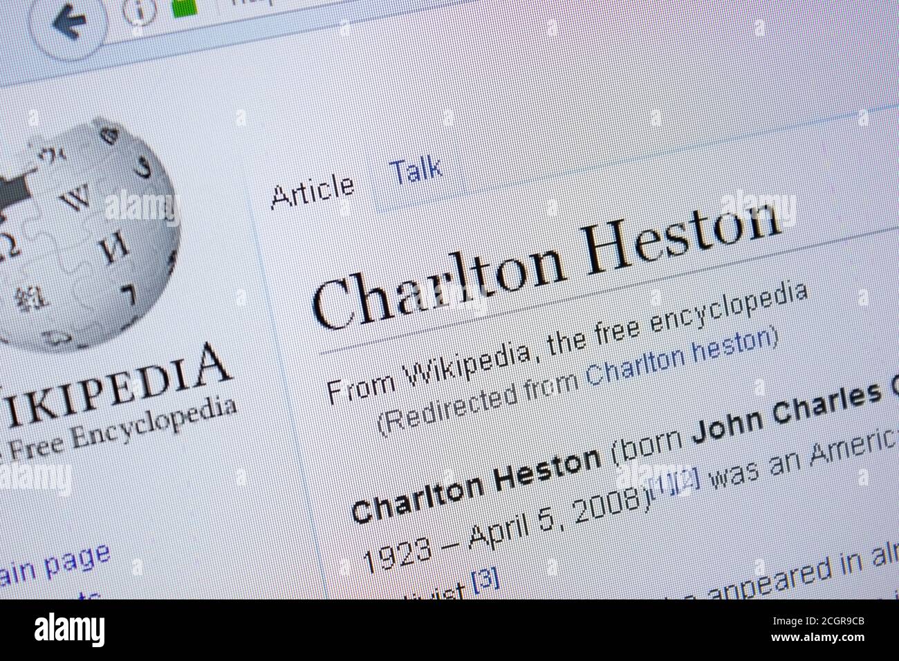 Rjasan, Russland - 09. September 2018 - Wikipedia-Seite über Charlton Heston auf einem PC-Display Stockfoto