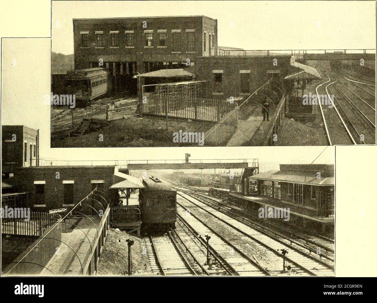 . Die Straßenbahn Zeitschrift . -BLICK VON DER BRÜCKE, BLICK NACH WESTEN, ZEIGT INEINANDERGREIFENDEN TURM 6. JUNI 1903.] STREET RAILWAY JOURNAL. 819 Haus für die erhöhten Autos. Die Gleise in diesem Haus von der Autobahn sowie ein Signal nach Aurora, Elgin & haben Gruben. Die Böden sind alle aus Beton. Über einem Ende dieser Chicago Autos. Inspektionshaus ist ein zweiter Stock, wo es eine lounging Feige. 4 ist ein Blick vom ineinandergreifenden Turm, der beide zeigt. FEIGEN, i UND 5. – TRANSFER DEPOTS UND INSPEKTIONSHAUS AM TERMINAL-Raum und Schließfächer für die erhöhten Mitarbeiter und ein Büro für den Mann, der für diese div Stockfoto