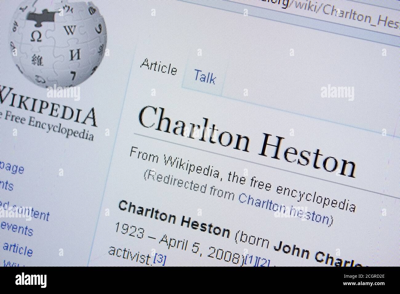 Rjasan, Russland - 09. September 2018 - Wikipedia-Seite über Charlton Heston auf einem PC-Display Stockfoto
