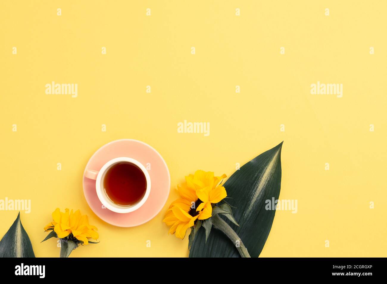 Tasse schwarzer Tee mit gelben Sonnenblumen auf gelbem Hintergrund. Draufsicht, Kopierraum Stockfoto