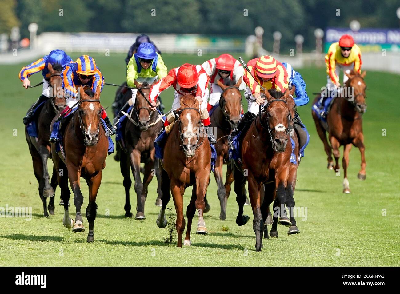 Galileo Chrome von Jockey Tom Marquand geritten (Mitte) gewinnt die Pertemps St Leger Stakes Rennen während des vierten Tages des William Hill St Leger Festival auf Doncaster Racecourse. Stockfoto