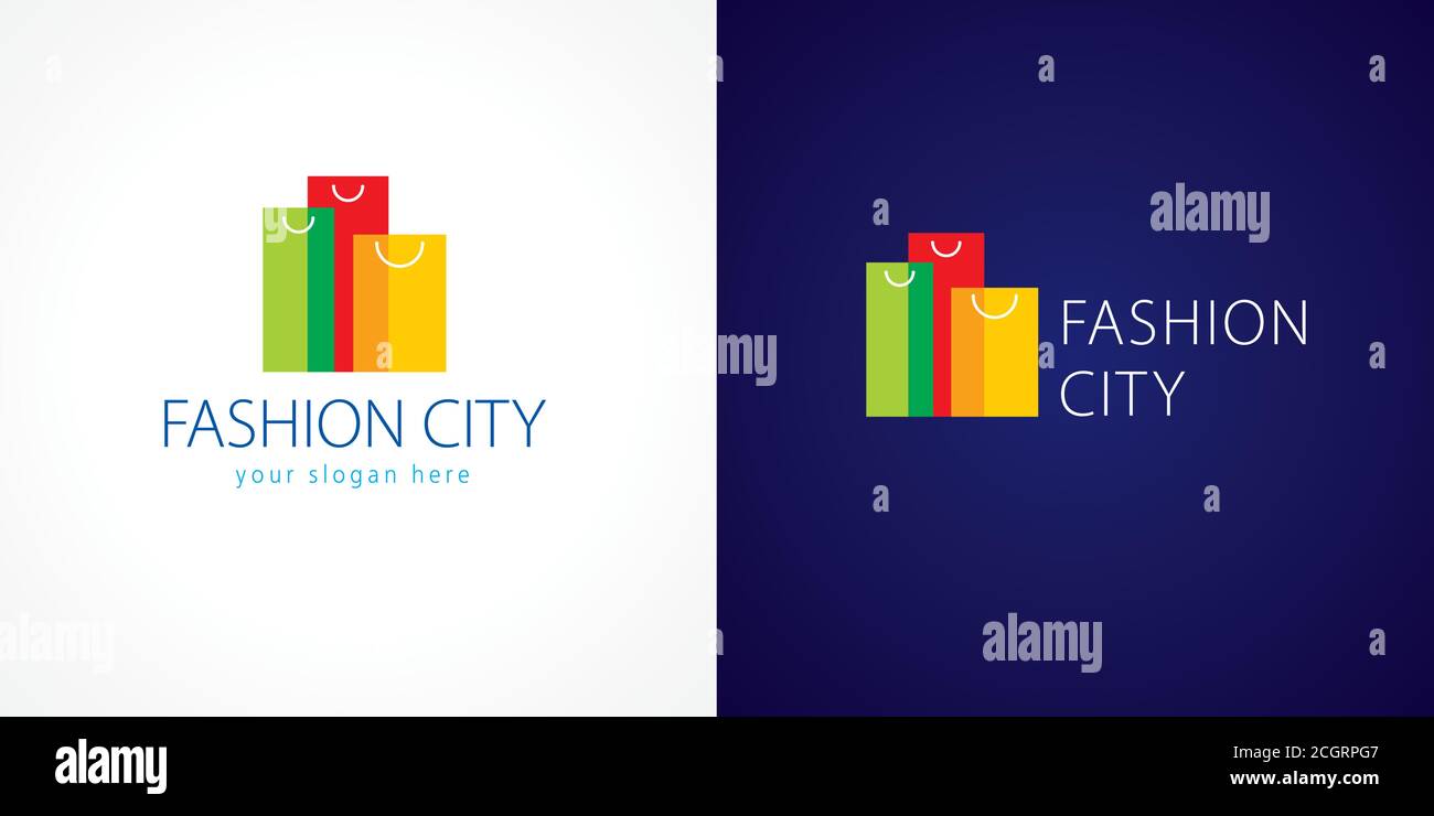 Fashion City-Logo. Vorlage Logo für das Einkaufszentrum in Form von Hochhäusern aus bunten Einkaufstaschen. Online-Mode-Shop Zeichen. Stock Vektor
